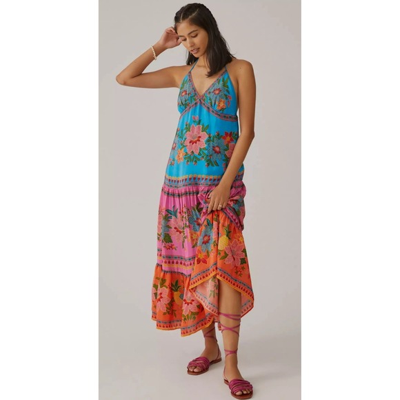 Farm Rio Anthropologie Tiered Halter Maxi Dress Size XL Tropical Floral Boho